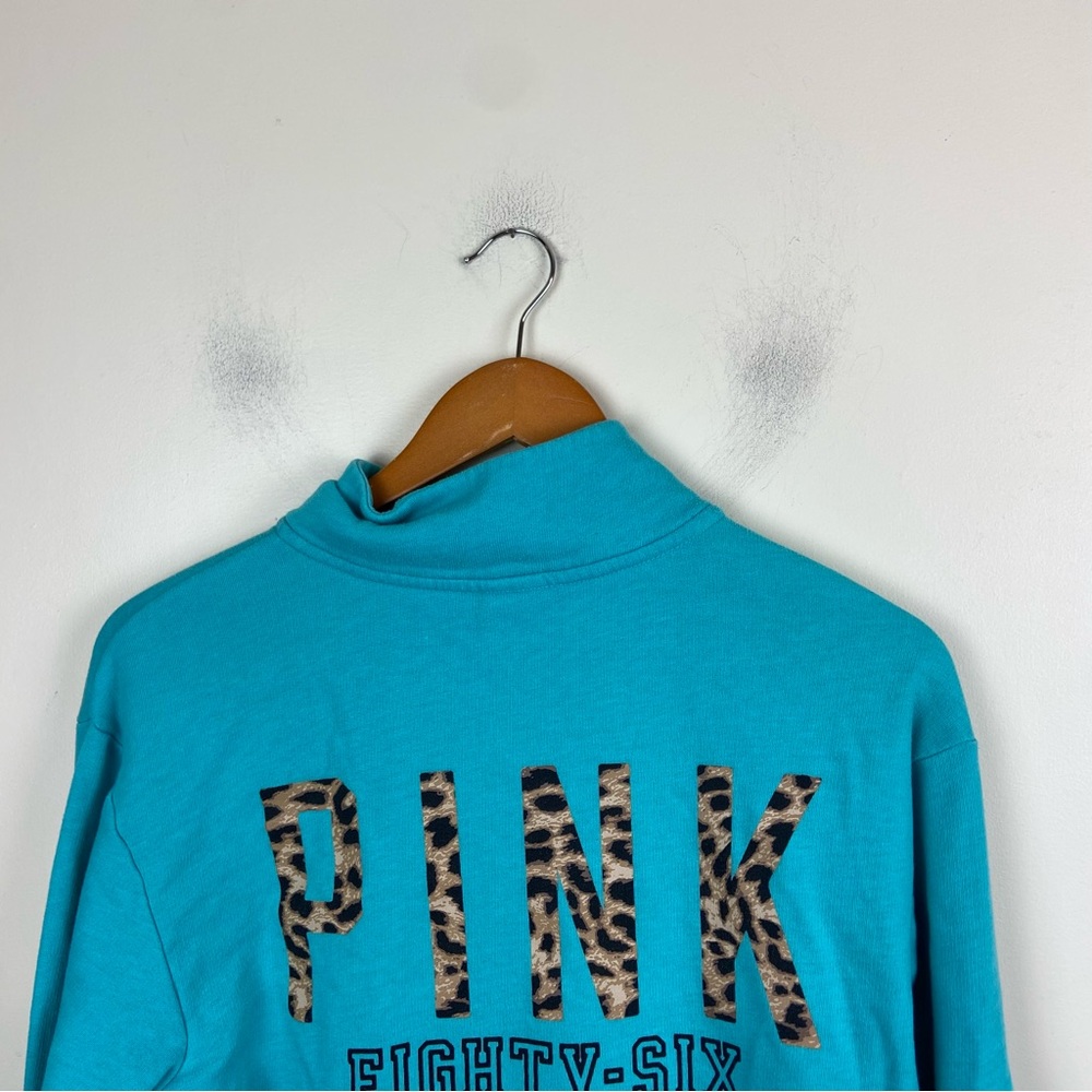 Victoria Secret PINK Turquoise Teal Logo Cheetah Leopard Quarter Zip Pullover XS - Picture 5 of 10